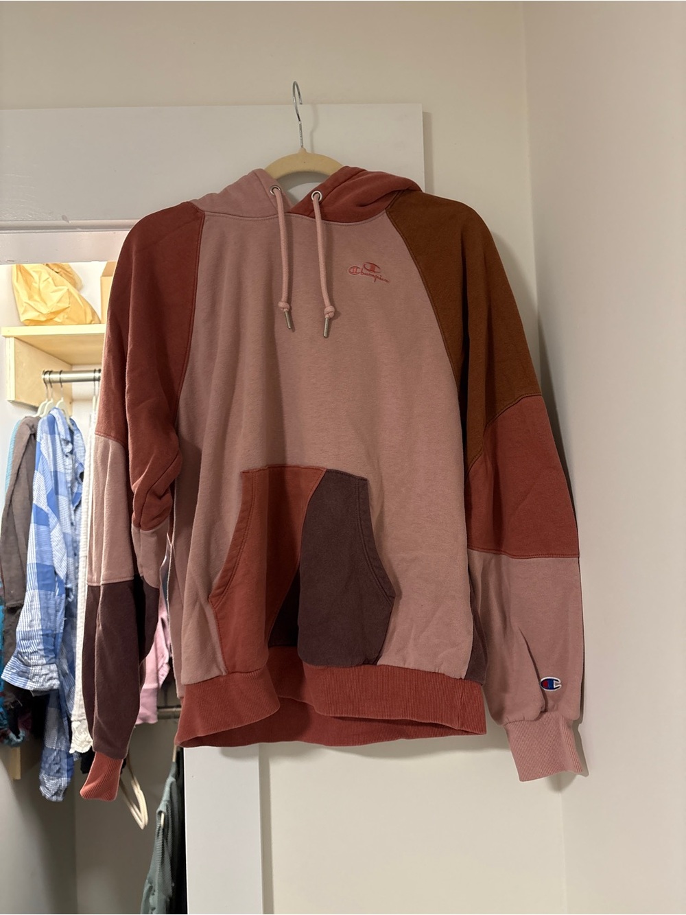 Champion Patchwork Hoodie in Mauve, Rust, and Brown